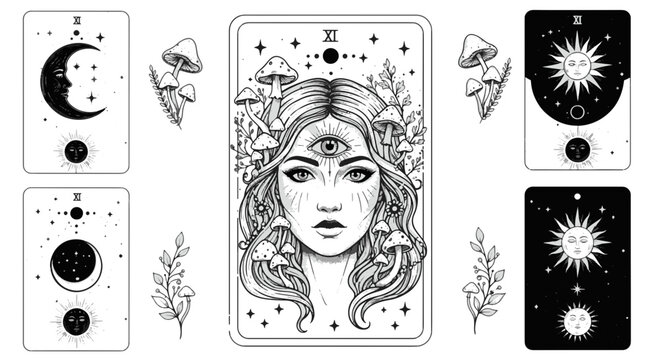 Mystical Woman with Third Eye and Mushrooms Tarot Card