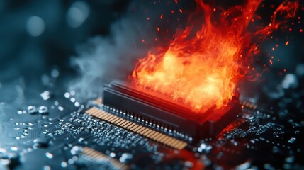 Naklejka premium An intense visual of a burning circuit board, capturing the stark reality of technology failure amidst chaos, symbolizing caution and the fragility of electronic systems.