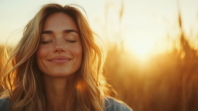 A peaceful woman with a content smile closes her eyes in a golden field at sunset, embodying tranquility and the beauty of nature in a blissful moment.