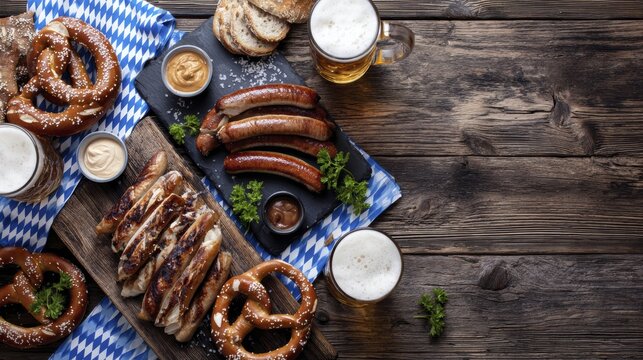 Rustic german feast with sausages, pretzels, and beer on wooden table