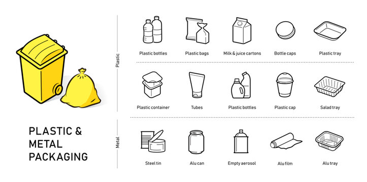 Ready sets of icons for separating plastic and metal waste. Vector elements are made with high contrast, one coloured, well suited to different scales. Ready for use in your design. EPS10.