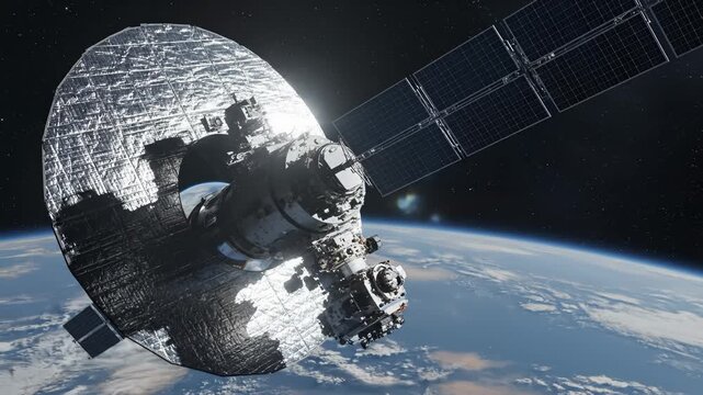 Modern Communication Satellite Orbiting Planet Earth With Solar Panels and Dish Antenna