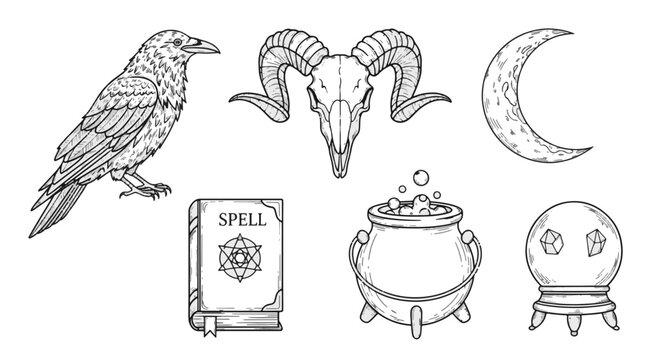Mystical Occult Elements Raven Skull Moon Spell Book Cauldron Crystal Ball