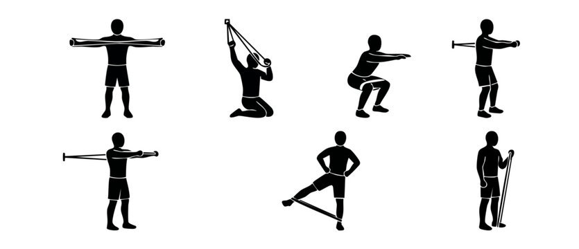 Resistance band exercise icons set, man workout silhouettes collection. Fitness equipment training guide with elastic bands, gym stretching, muscle building and physical therapy activity flat black ve