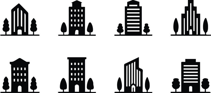 building city arch icons set with trees silhouette design vector