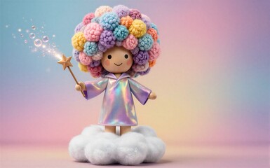 Fototapeta premium Cute doll with colorful yarn hair holding magic wand on fluffy cloud.