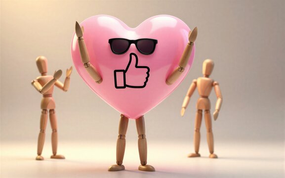 Wooden figure holds pink heart with sunglasses and thumbs up others