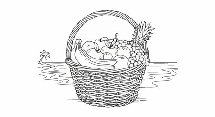 Obraz premium A woven basket overflows with a tropical assortment of fruits beside a solitary palm