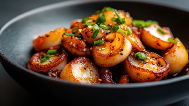 A mouthwatering plate of spicy octopus served with a garnish of fresh green onions, highlighting the dish's exquisite flavors and culinary artistry.