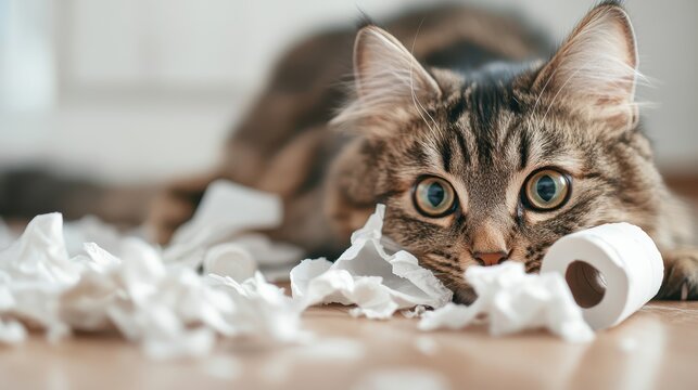 A playful cat lounges surrounded by shredded toilet paper, showcasing its mischievous nature and inquisitive personality in a cozy indoor setting.