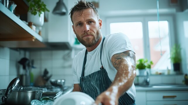A man washes dishes in a modern kitchen, showcasing the everyday chores of life while conveying themes of responsibility and domestic harmony.
