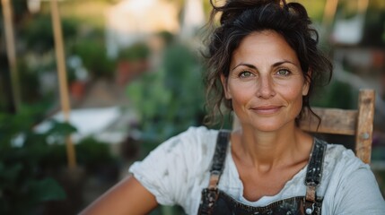 Fototapeta premium A confident woman sits in a beautifully illuminated greenhouse, radiating warmth and connection to nature, surrounded by lush greenery and plants around her.