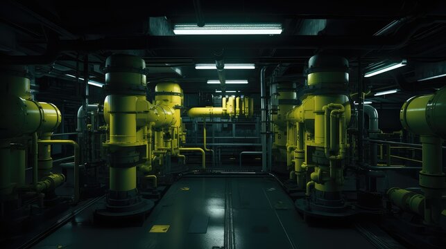 Industrial engine room with yellow piping and advanced machinery