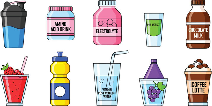 Sports and Protein Drink Vector Set Featuring Amino Acids, Electrolytes, Protein Shakes, and Iced Coffee Lattes for Healthy Beverage Illustrations