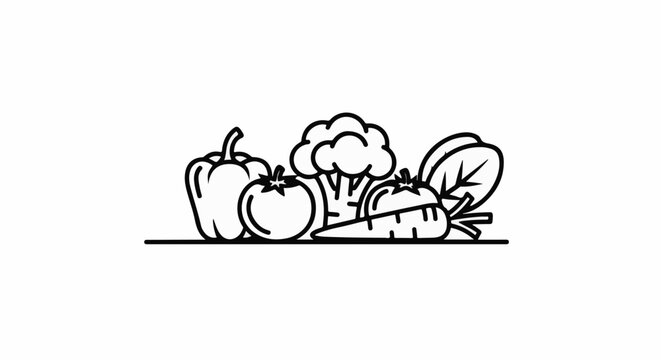 A simple line drawing of various vegetables arranged horizontally on a white background