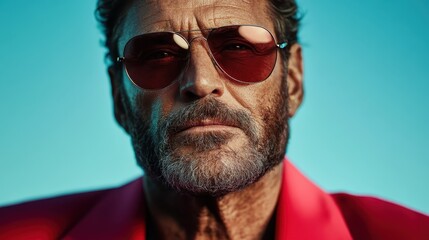 Obraz premium A close-up portrait of an attractive man wearing stylish sunglasses conveys confidence and charisma, reflecting a modern, cool attitude of contemporary fashion.