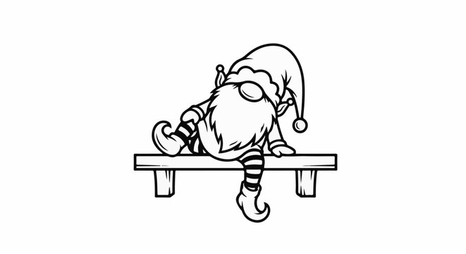 A whimsical gnome with a striped hat and stockings sits on a bench
