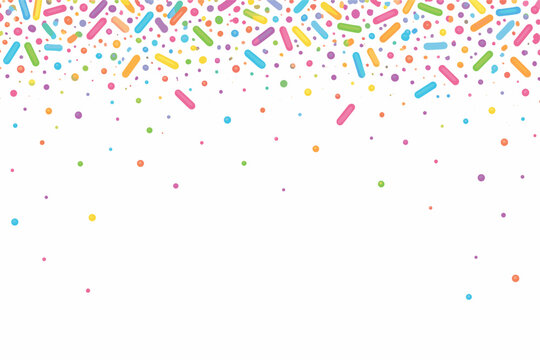 Colorful Sprinkles Banner Background with Multi-Colored Falling Decorative Jimmies and Nonpareils on White. Simple Flat Vector Illustration for Birthday Party, Celebration, and Sweet Dessert Themes.