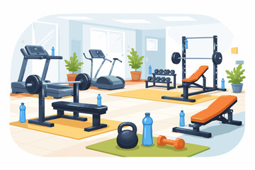 Modern Gym Interior Vector Illustration with Fitness Equipment, Weight Benches, Treadmills, Barbells, and Water Bottles for Hydration During Workout Training Sessions in a Bright Exercise Studio