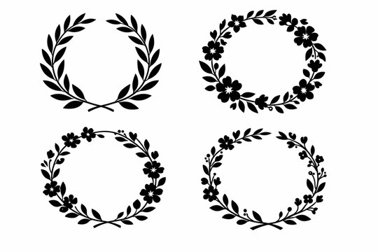 Set of four flat vector floral wreath silhouettes including classic laurel leaves and blossom designs in various round frame styles for wedding invitations, logos, and elegant decorative borders.