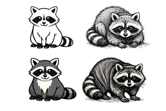 Collection of four raccoon illustrations in diverse graphic styles including cute cartoon mascot, detailed hand-drawn sketch, vintage woodcut engraving, and simple line art for character design.