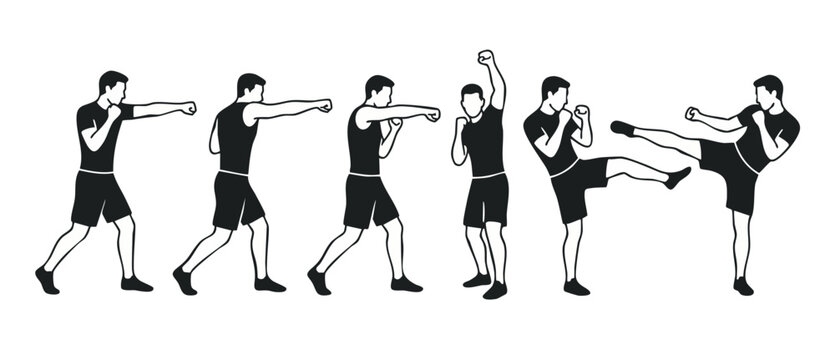 Martial arts fighter silhouette set, boxing punches and kicking poses. Black and white vector illustration of a man practicing combat sports training, MMA techniques and fitness workout active posture