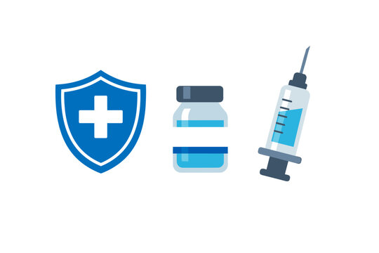 Medical Vaccination Icons Set Featuring a Protective Shield with a Cross, a Vaccine Vial, and a Syringe for Immunization, Health Protection, and Disease Prevention Concepts in Flat Vector Design.