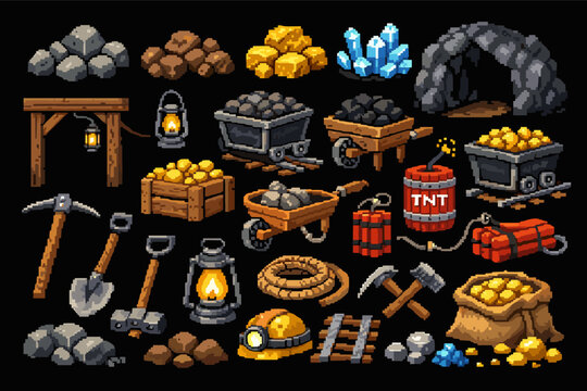 Retro Pixel Art Mining Tools and Resources Collection Featuring Gold, Coal, Crystals, Cave, Mine Carts, TNT Explosives, Pickaxe, Shovel, Lantern, Helmet, and Tracks for Video Game Assets.