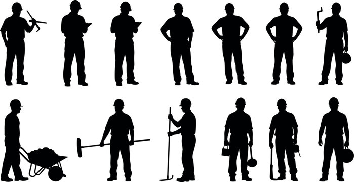 Black silhouettes of diverse construction workers engineers and builders with safety gear tools and equipment for industrial professional vector illustrations.