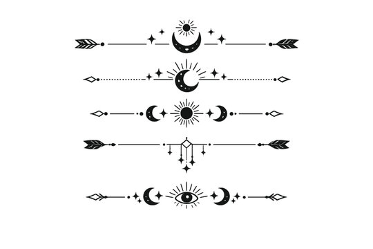 Set of five celestial dividers and mystical icons featuring arrows, crescent moons, stars, sun, and eye. Minimalist boho line art for esoteric, occult, spiritual, and sacred geometry designs.