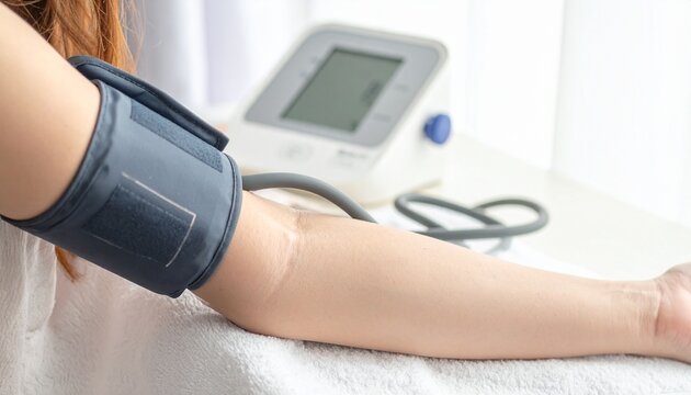 血圧を測定する女性の腕にクローズアップした写真