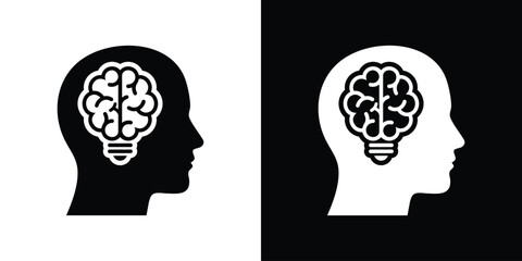 A profile silhouette of a human head containing a glowing brain-shaped lightbulb. Represents human intelligence, innovation, cognitive development, psychology, and creative thought processes. © bibin