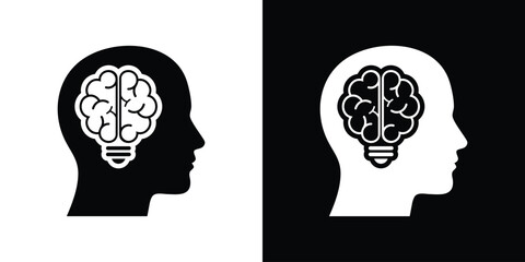 A profile silhouette of a human head containing a glowing brain-shaped lightbulb. Represents human intelligence, innovation, cognitive development, psychology, and creative thought processes. © bibin