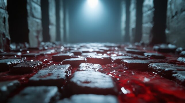 This haunting image captures a cobbled path submerged in red water, creating a chilling atmosphere with shadows and faint light, evoking feelings of mystery and allure.