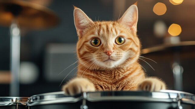 A charming ginger cat humorously perched on a drum set, exuding a playful spirit that combines the joy of music and the delightful quirks of feline personality.