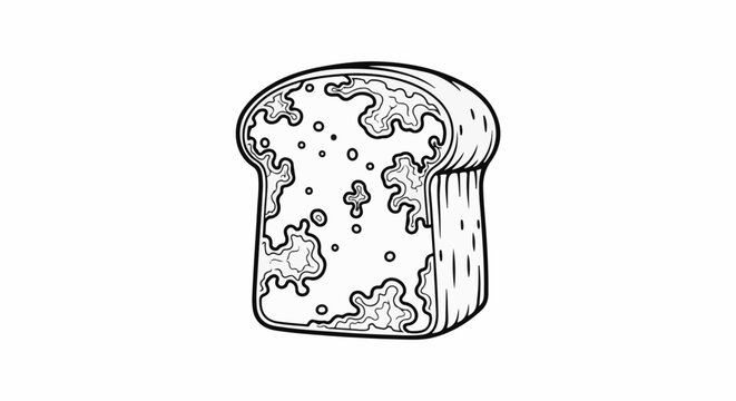 A slice of bread with mold growing on it, depicted in black and white outline