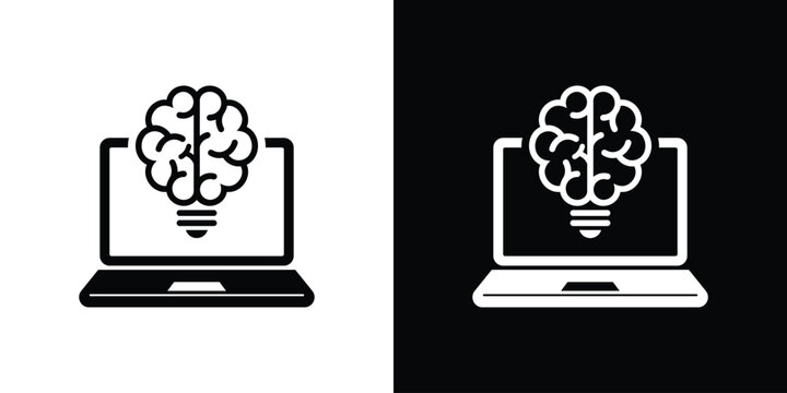 A flat vector icon of a laptop screen displaying a brain-shaped lightbulb. Ideal for concepts related to artificial intelligence, e-learning, digital innovation, software logic, and tech knowledge.