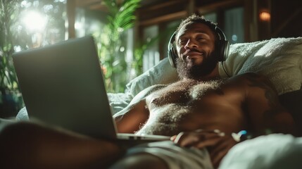 Obraz premium A relaxed man with headphones sits comfortably on a sofa, fully engaged in his music listening experience, surrounded by a serene and inviting indoor atmosphere.