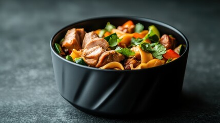 Fototapeta premium A delicious bowl of chicken noodles showcases tender meat combined with fresh vegetables, offering a hearty meal that appeals to culinary enthusiasts and food lovers alike.