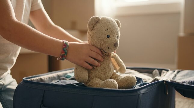Child packing a teddy bear into a suitcase for a trip or move