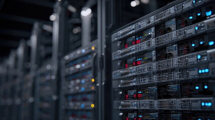 Naklejka premium Server racks with blinking lights filling a modern data center, managing vast amounts of data and ensuring reliable network operation for digital infrastructure