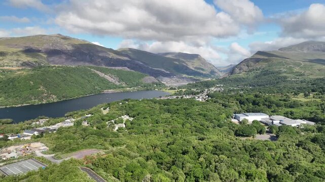 Aerial Panorama of Snowdonia Mountains with Llyn Padarn Lake and Llanberis Valley