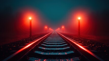 Naklejka premium An eerie and captivating scene of train tracks illuminated by red signal lights in the misty night, creating a haunting and mysterious atmosphere perfect for storytelling.