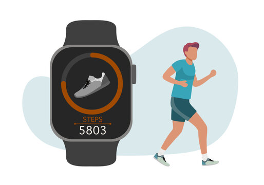 Flat men using smartwatch for counting steps. Man hold smartwatch with pedometer or fitness tracker. Step counter app on smartwatch. Track daily walking progress on device screen. Healthy lifestyle co