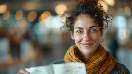 Obraz premium A cheerful woman with curly hair smiles brightly while holding a map, embodying the spirit of exploration and adventure in a contemporary space filled with light.