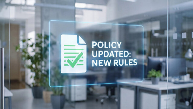 Policy updated new rules compliance announcement for regulatory document revision workplace procedure change and organizational governance enforcement in professional office environment