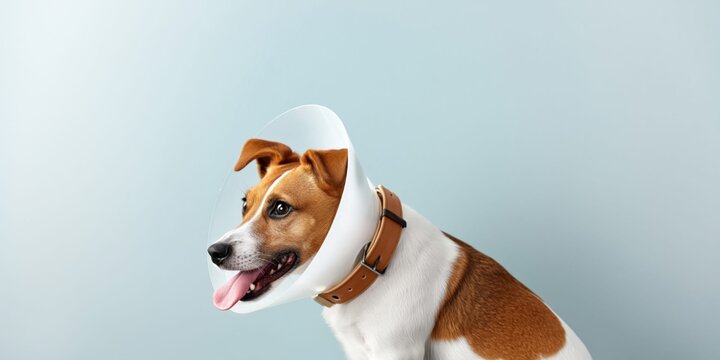 Cute Jack Russell Terrier dog wearing a veterinary cone collar for recovery