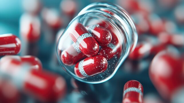 A glass container filled with red capsules, artfully displayed with scattered capsules around it, symbolizing health, wellness, and the importance of medicinal products in daily life.