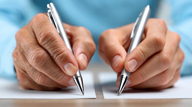Two hands writing with pens on paper, close-up shot