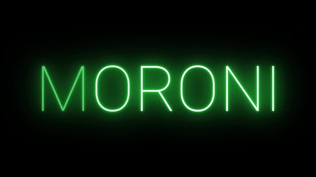 Flickering neon green glowing moroni sign animated on black background